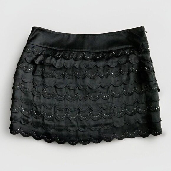 Vintage Y2K Bebe Black 100% Silk Mini‎ Scallop Rhinestone Skirt Size 0 - Picture 1 of 8